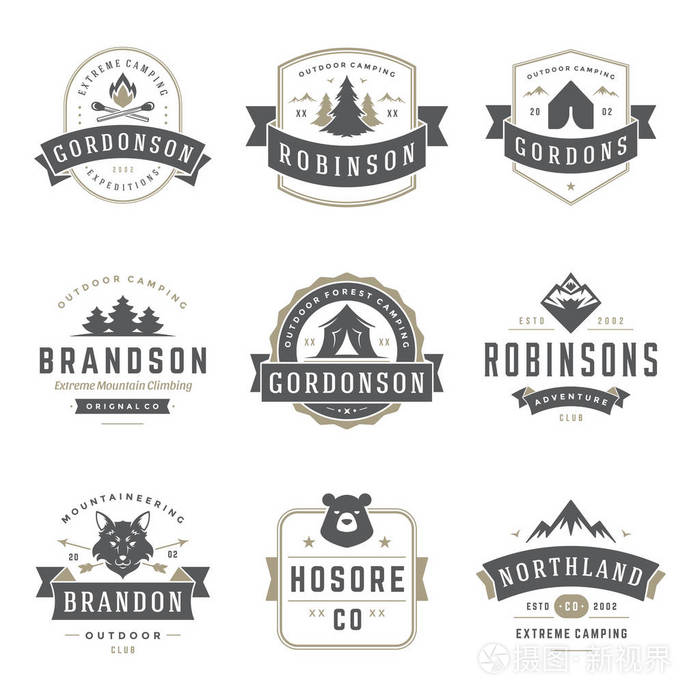野营标志模板矢量设计元素和剪影设置户外冒险山和森林
