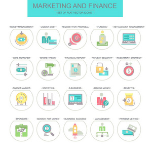营销和金融。 一组平面向量线性图标。 seth包含图标，如货币管理统计赞助商。