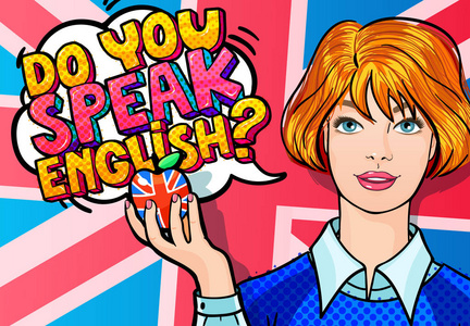 带苹果的漂亮女孩. 短语你在漫画演讲泡沫中说英语吗?