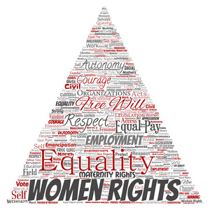 矢量概念女性权利平等自由意志三角形箭头红色字云孤立背景。 女权主义赋权诚信机会意识勇气教育尊重概念