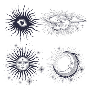 中世纪的太阳太阳和月亮的脸,星星,共济会纹身,t恤的设计,炼金术,阿克