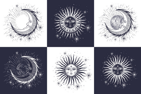 太阳和月亮的脸,星星,共济会纹身,t恤的设计,炼金术,阿克鲁主义