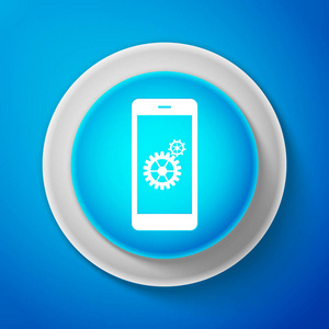 在蓝色背景上隔离的智能手机屏幕图标上的白色设置。手机和齿轮标志。调整应用程序, 设置选项, 修复, 固定电话概念。圆圈蓝色按钮。