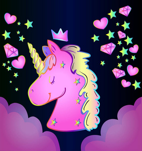 神奇的角色是一个动物独角兽在蓝色梯度背景与星星心和钻石.