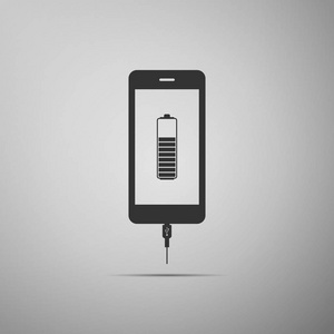 智能手机电池充电图标孤立在灰色的背景上。电话与低，电池充电和 Usb 连接。平面设计。矢量图