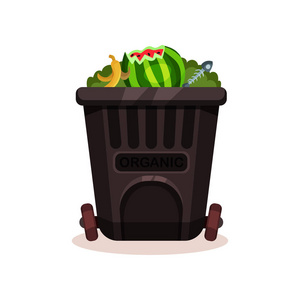 香蕉,西瓜和鱼骨的果皮.带轮子的垃圾桶的平面矢量图标照片