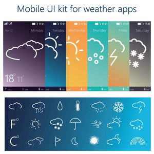 天气应用程序UI。 移动UI套件。 材料设计UIUX GUI。 响应式网页设计。 不同的UIUX GUI屏幕。