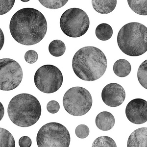 黑白圆行星无缝图案与格朗格效应。 白色背景上抽象的灰色几何圆形球体圆盘纹理。 简单水彩手绘插图