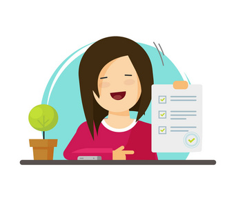 成功的结果评估, 快乐的人显示教育测试, 问卷文件矢量平面卡通剪