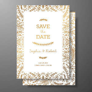 婚礼复古请柬, 保存日期卡与金色的树枝和花朵。封面设计与黄金植物饰品。用于保存日期邀请贺卡文本位置的金卡模板