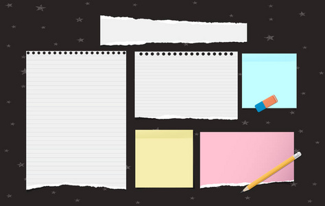 彩色和白色撕裂便笺纸件, 笔记本电脑纸卡在黑色背景与明星图案。矢量插图