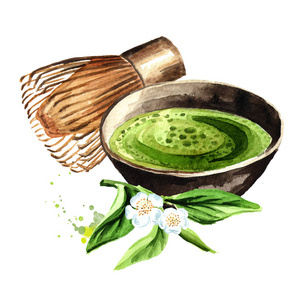 有机绿色抹茶茶道.白底彩色手绘插图照片