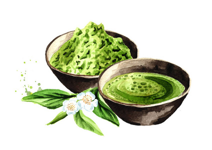 抹茶绿有机绿抹茶.水彩手绘插图,白色背景隔离照片