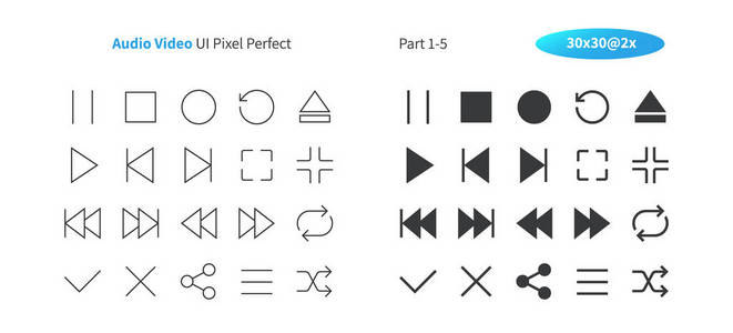 音频视频UI像素完美精心制作的矢量细线和固体图标302x网格的Web图形和应用程序。简单的最小象形图