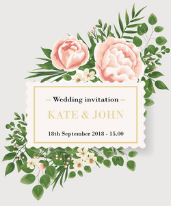 婚礼邀请模板与牡丹，花和绿叶。RSVP是一种现代卡片设计。自然，植物，优雅的矢量插图