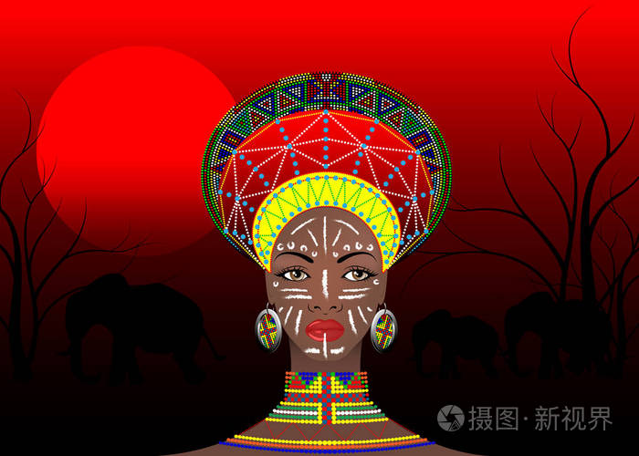非洲部落服装女性祖鲁, 肖像的可爱南非妇女的班图民族.