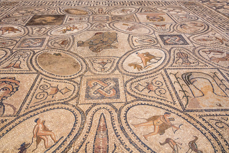 地板马赛克在Orpfeus房子的罗马废墟中的古罗马城市伏罗比利斯在摩洛哥联合国教科文组织的文字遗产。