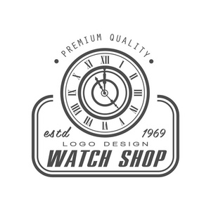 钟表店手表店标志设计, 优质 estd 1969, 黑白复古时钟维修服务或商店