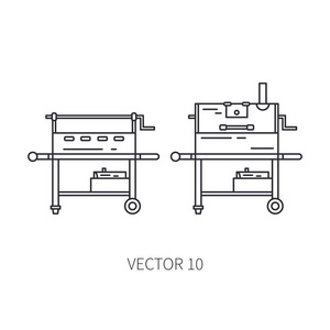 复古家具集紧凑型烧烤烧烤, 熏制线图标。暑期旅游旅游野营设备。后院经典午餐。户外家庭野餐, 聚会标志和象征。徒步旅行生活方式