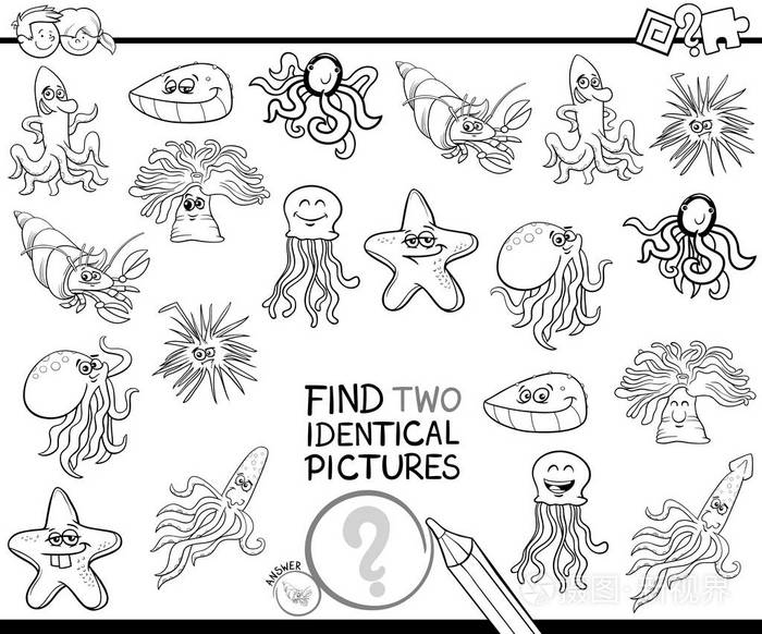 黑白卡通插图 寻找两个相同的图片 教育游戏 儿童与海洋生物动物人物着色书插画 正版商用图片11xo53 摄图新视界