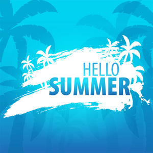 夏季热带背景与棕榈和日落。夏季标语牌海报传单邀请卡。夏季时间。矢量插图