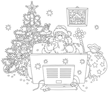 圣诞老人坐在沙发上,在一棵装饰好的圣诞树旁边看电视,还有一大袋礼物