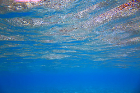 从下面看到蓝色水面的惊人景色。 五颜六色的抽象背景。