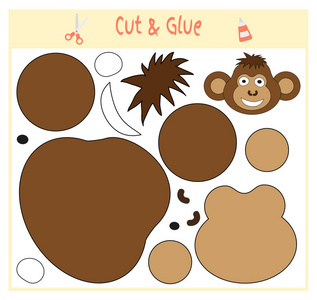 教育纸游戏为学龄前儿童的发展。在纸上剪掉部分图像和胶水。矢量插图。用剪刀和胶水来制造贴花。猴动物