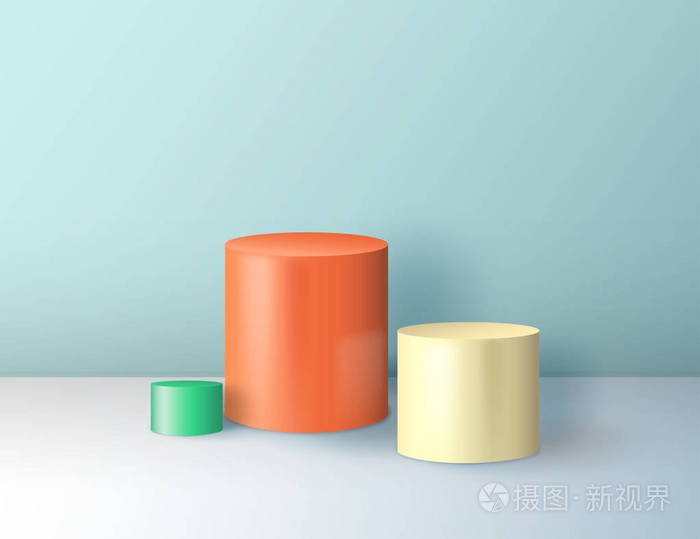 最小抽象的彩色圆柱体造型,墙面场景.平台,讲台宣传各种物件.矢量图.
