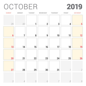 日历规划师2019年10月..星期从星期天开始。印刷矢量文具设计模板