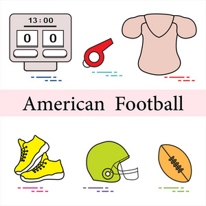 美国足球橄榄球的设备。 电子记分板哨子衣服运动鞋头盔球。