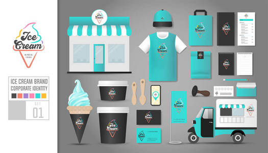 企业身份模板集1.冰淇淋店咖啡厅餐厅的标志概念。 逼真的模拟模板集的商店汽车T恤帽杯菜单橡胶邮票优惠券包装移动应用程序名片夹。矢