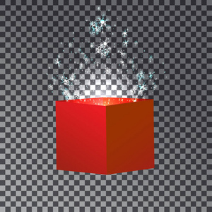 抽象矢量背景与打开的红色呈现框与灯在里面。 可用于网上打印圣诞或贺卡