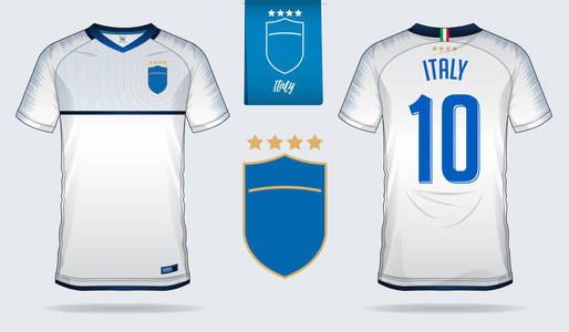 意大利国家足球队足球球衣或足球套件模板设计。 前后观看足球制服。 足球T恤嘲弄。 矢量插图