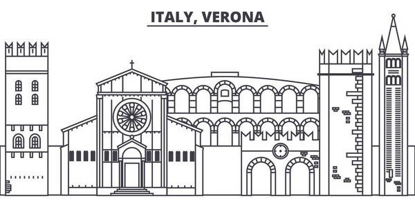 意大利, 维罗纳线天际线矢量图。意大利, 维罗纳线形城市景观, 著名地标, 城市景观, 矢量景观