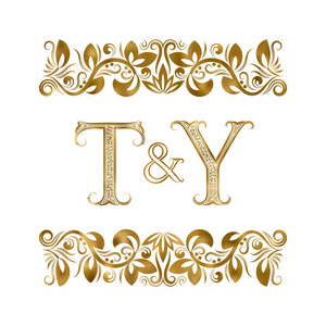 和y年份首字母标志符号。 字母被装饰元素包围。 皇家风格的婚礼或商业伙伴字母。