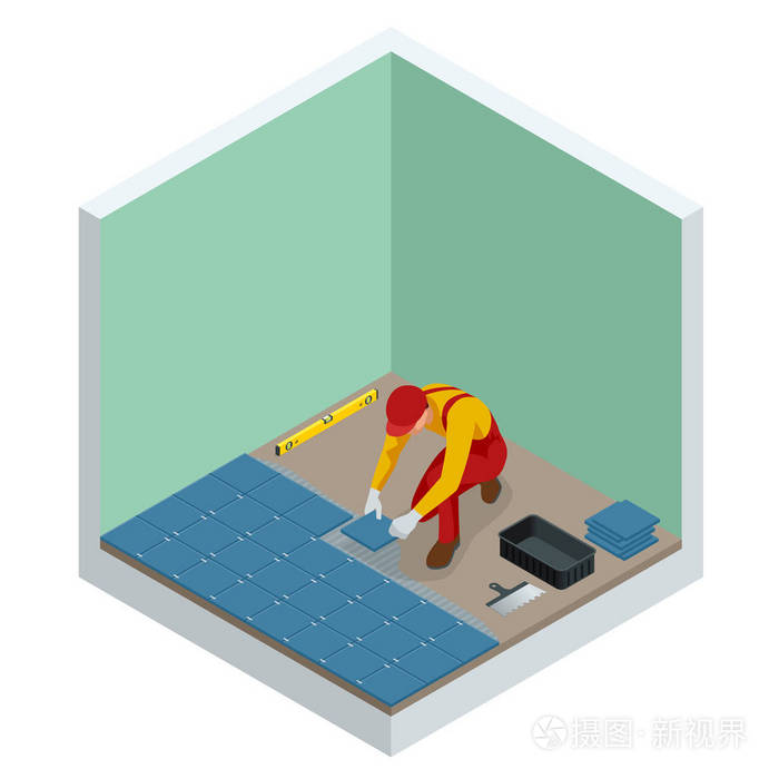 在家里铺设瓷砖工人在卫生间地板上安装小瓷砖用铲泥涂抹砂浆等距向量