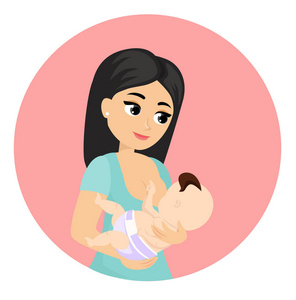 向量例证母亲哺养婴孩与乳房, 母乳喂养位置。可爱卡通人物母亲喂养婴儿, 母乳喂养概念扁平化