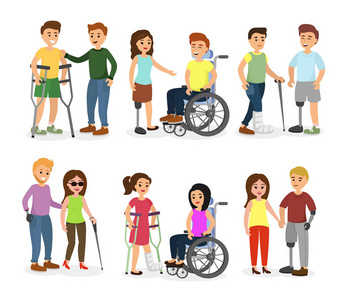 矢量插图集残疾人和朋友帮助他们, 说话, 散步和微笑快乐的人在卡通
