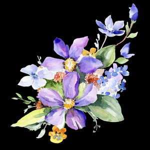 五颜六色的花束。 花卉植物花。 野生春叶野花隔离。 背景纹理包装图案框架或边框的水花野花。