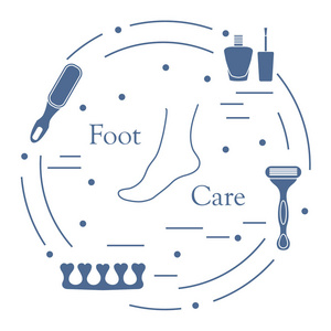 修脚工具和产品的美容和护理。 指甲油浮石剃须刀脚趾分离器。