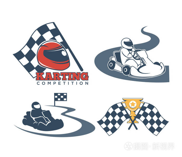 卡丁车宣传标志设置与司机头盔和旗帜. 赛车的极限运动.