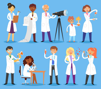 科学家向量专业人物化学家或医生科学实验室中医学实验的研究在背景下使用显微镜隔离的妇女或男子的插图集