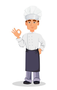 英俊的面包师穿着专业制服和厨师帽，显示OK标志。 欢快的卡通人物。 白色背景上的矢量插图。