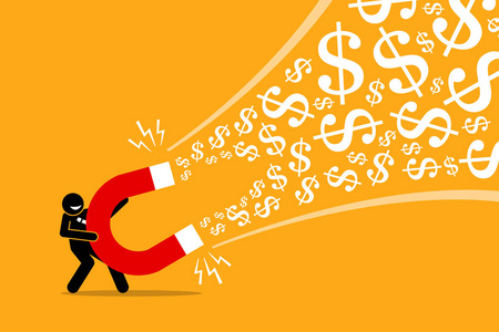 磁铁钱商人用一块大磁铁吸引钱.