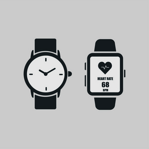 一个智能时钟，屏幕上有心率的图片和灰色背景上隔离的手表。 手表图标。 矢量插图EPS10。