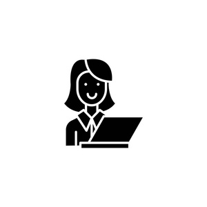 妇女在办公室与计算机黑图标概念。妇女在办公室与计算机平的媒介符号标志例证