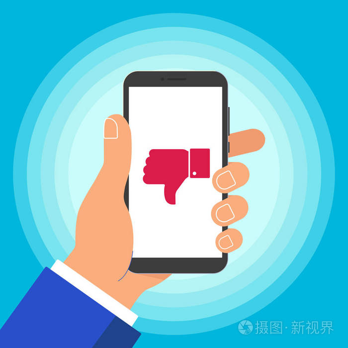 s hand with dislike thumb down icon sign on the screen flat desi