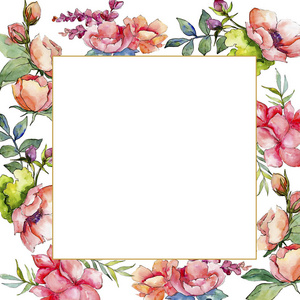 粉红色的花束野花。 框架边框装饰广场。 背景纹理包装图案框架或边框的水花野花。