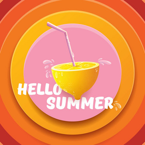 矢量你好夏季海滩党传单设计模板与新鲜柠檬孤立在抽象圆圈橙色背景。您好夏季概念标签或海报与橙色水果和排版文本